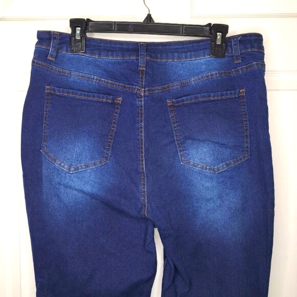 Distressed Stretch Dark Wash Flare Jeans Long Length Plus Size XXL - Picture 5 of 7